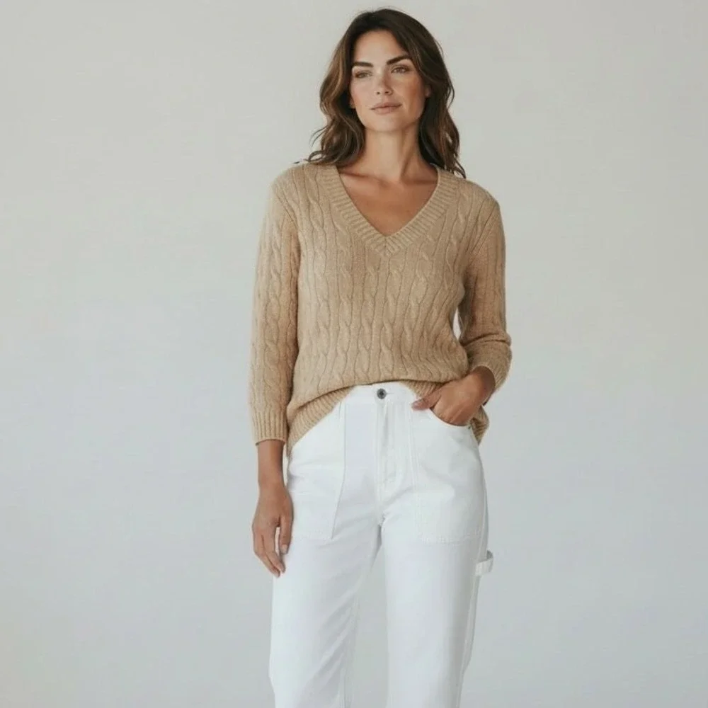 Ralph Lauren Black Label Cashmere Cable Knit Sweater Beige M